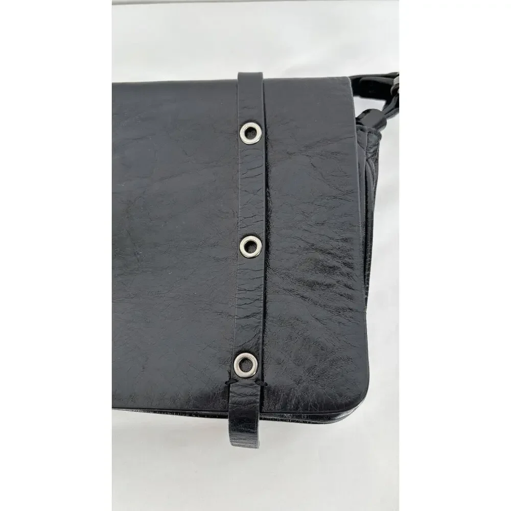 Lia Numa Womens Black Handbag Crossbody Strap Genuine Leather Grommet Purse